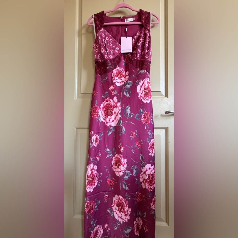 Avec Les Filles Pink Burgundy Floral Lace Satin Maxi Sleeveless Dress NWT Sz 8